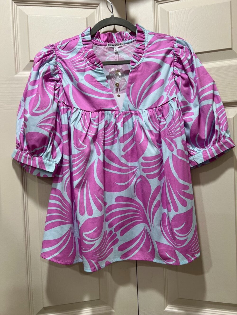 NWT Women's Mary Square Maggie Top Pink Blue Tropical Print Blouse Medium
